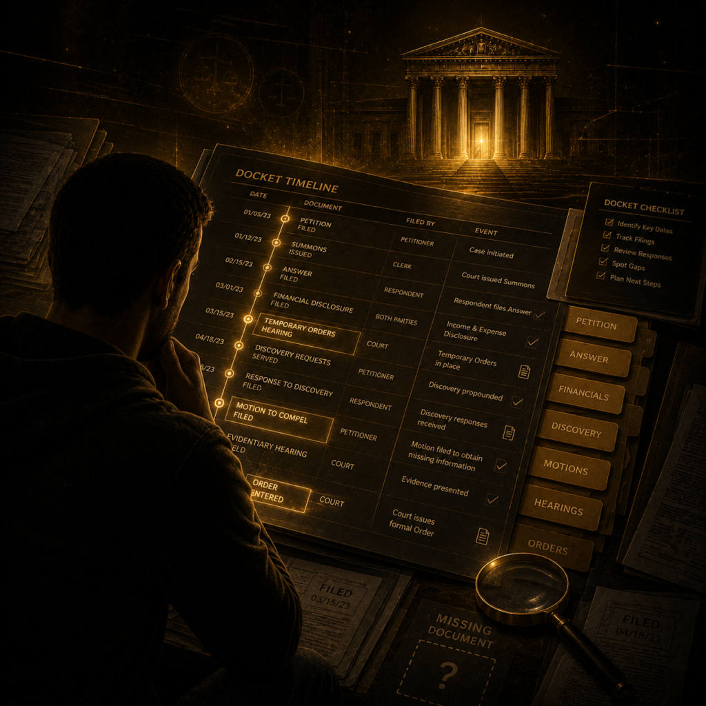Docket timeline court record education graphic from Fathers Unchained Academy