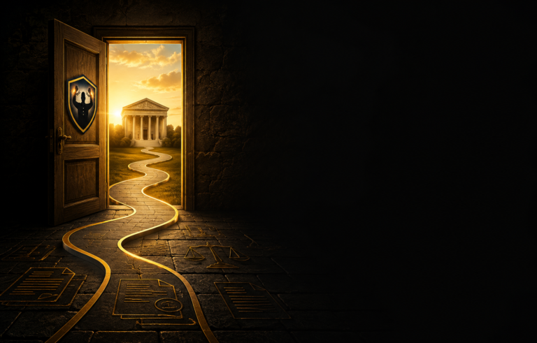 A lighted path leading through an open doorway toward a courthouse