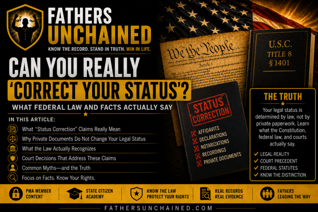 Can You Really Correct Your Status educational graphic examining affidavits, declarations, recordings, private paperwork, federal statutes, and common status-correction claims.