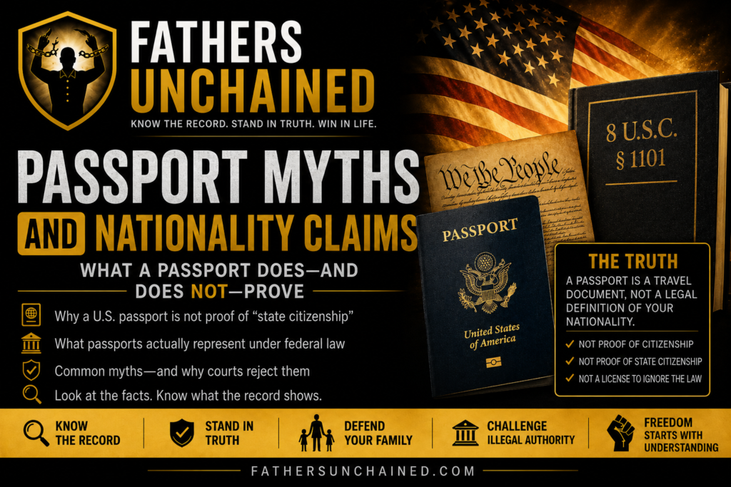 Fathers Unchained educational graphic titled "Passport Myths and Nationality Claims" featuring a U.S. passport, the U.S. Constitution, 8 U.S.C. § 1101, and an American flag explaining what a passport does and does not prove under U.S. law.