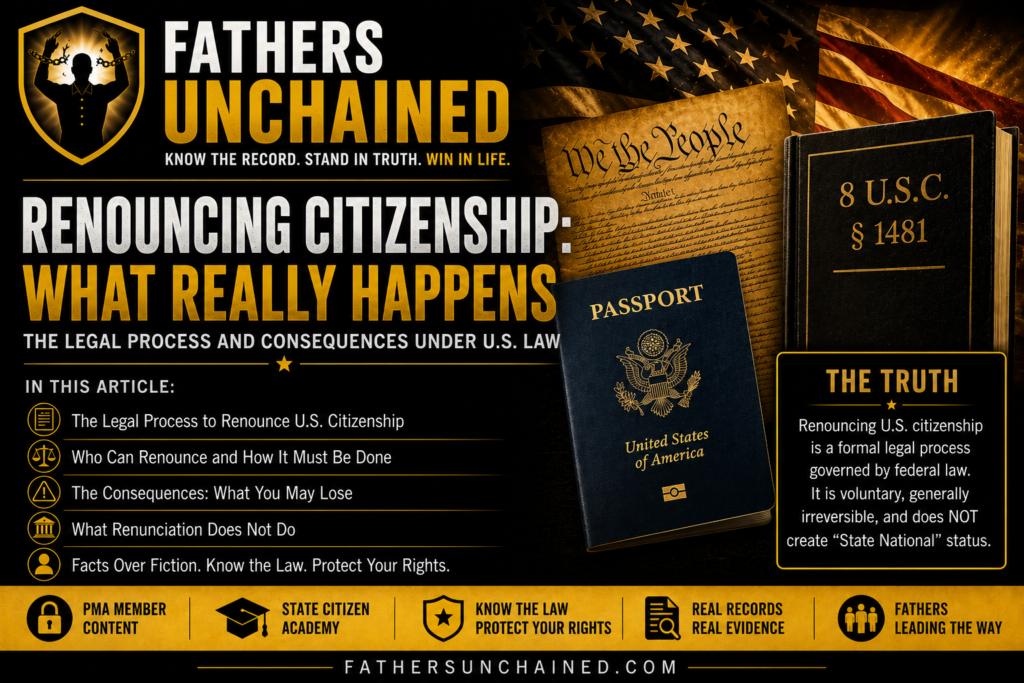 Fathers Unchained educational graphic explaining the legal process and consequences of renouncing U.S. citizenship under federal law.