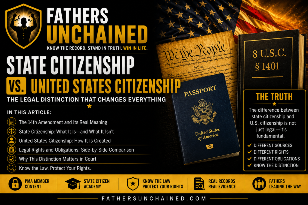 State Citizenship vs. United States Citizenship educational graphic explaining the constitutional and legal distinction between state citizenship and United States citizenship under federal law.