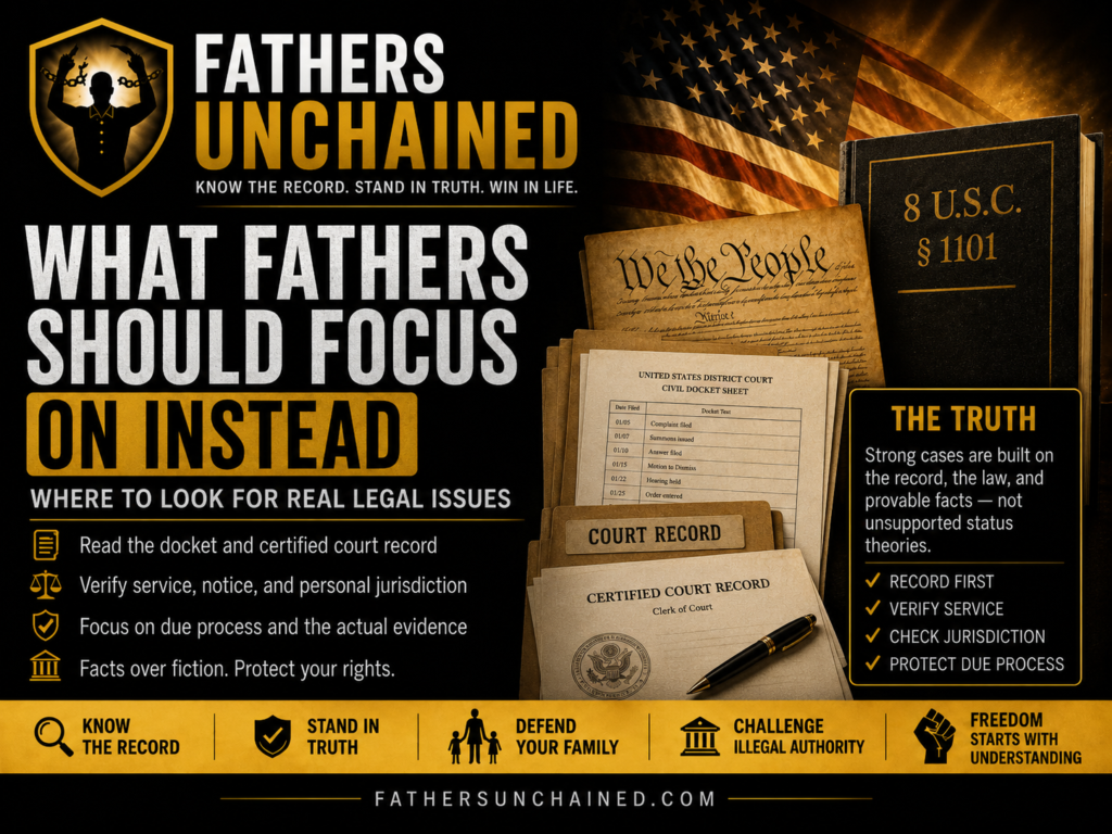 What Fathers Should Focus on Instead educational graphic emphasizing certified court records, service of process, notice, personal jurisdiction, due process, and enforceable court orders.