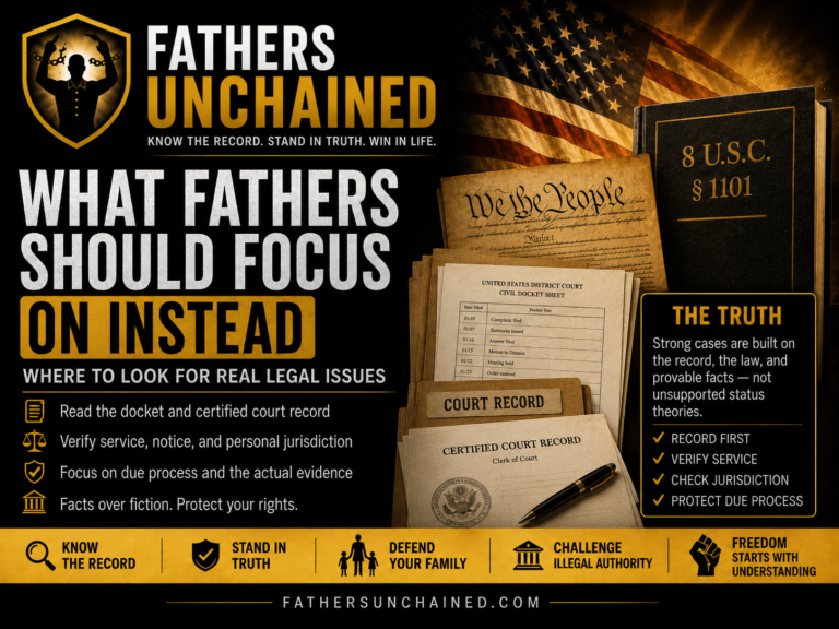 What Fathers Should Focus on Instead educational graphic emphasizing certified court records, service of process, notice, personal jurisdiction, due process, and enforceable court orders.